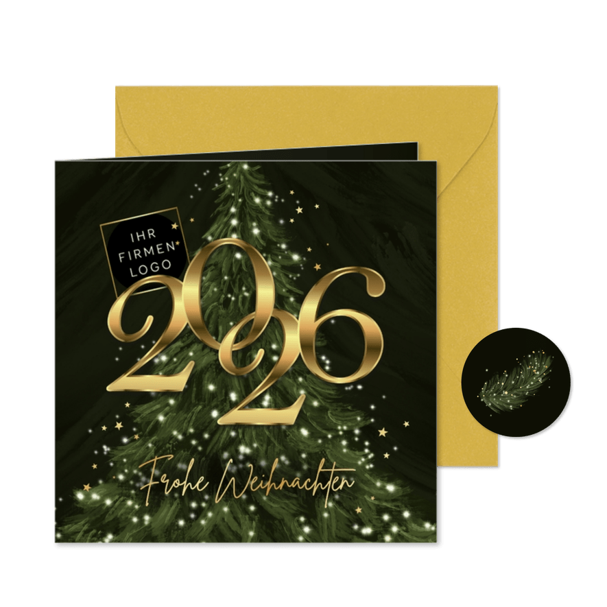 Weihnachtskarte 2026 Tannenbaum Lichtpunkte mit Logo - Karteneindruck
