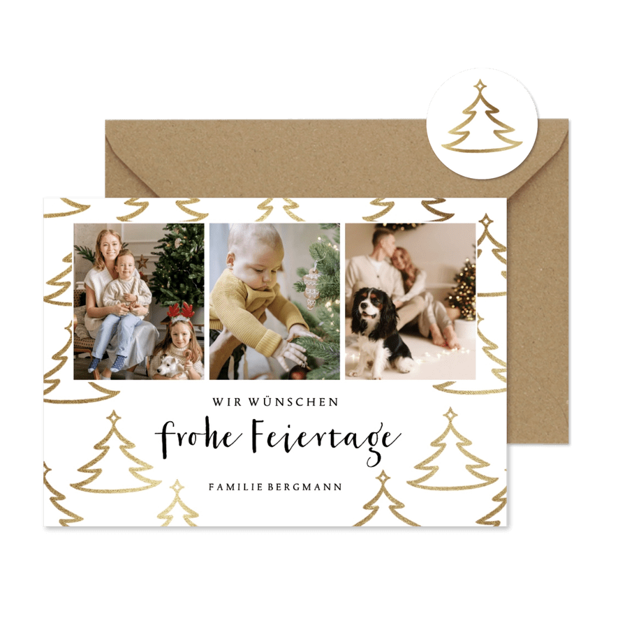 Weihnachtskarte 3 Fotos schlicht mit Weihnachtsbäumen - Karteneindruck