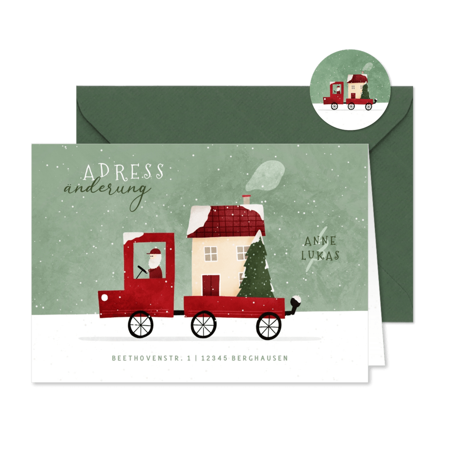 Weihnachtskarte Adressänderung Umzugswagen mit Haus - Karteneindruck
