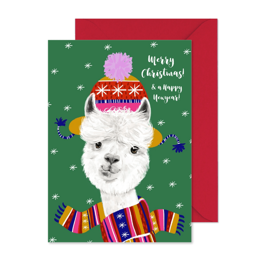 Weihnachtskarte Alpaka mit Schal und Mütze - Karteneindruck