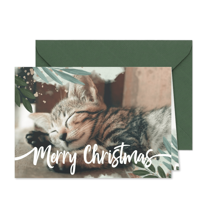 Weihnachtskarte Aquarellblätter und großes Foto - Kartenvorschau

