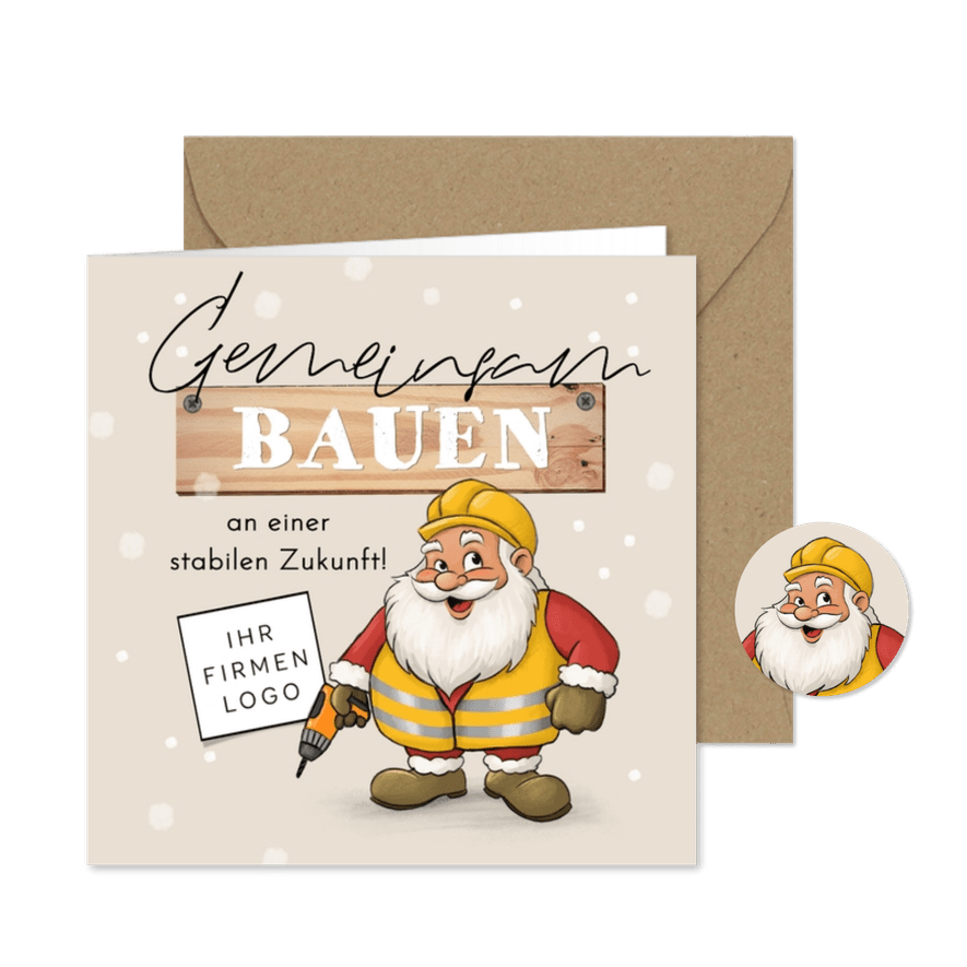 Weihnachtskarte Baufirma Weihnachtsmann Bohrmaschine - Karteneindruck