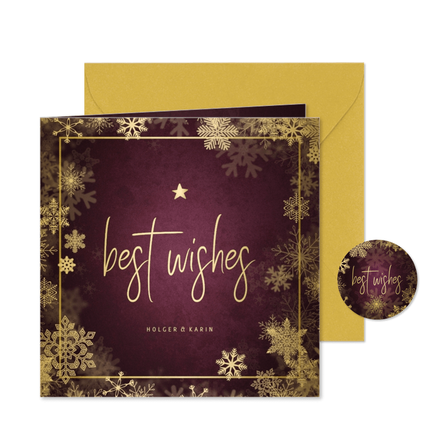 Weihnachtskarte Best Wishes goldene Schneeflocken - Karteneindruck
