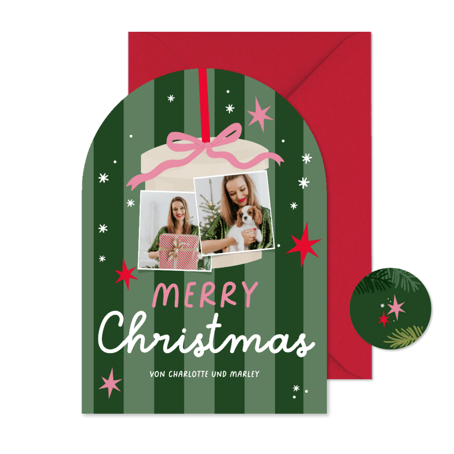 Weihnachtskarte Bogen Fotocollage grün gestreift Geschenk - Kartenvorschau