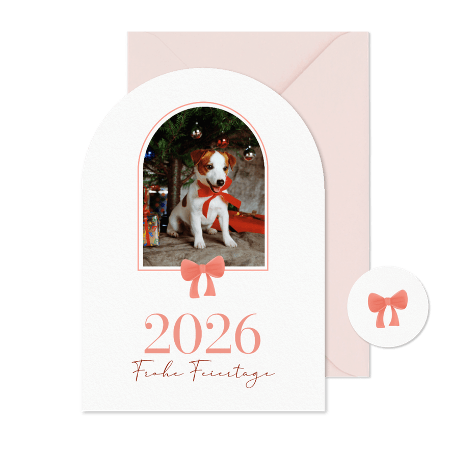 Weihnachtskarte Bogenform Foto und rote Schleife - Karteneindruck