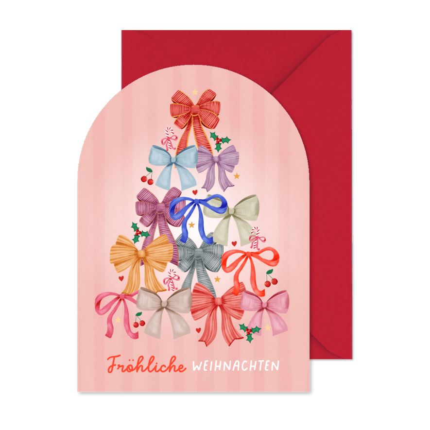 Weihnachtskarte Bogenform Weihnachtsbaum bunte Schleifen - Karteneindruck

