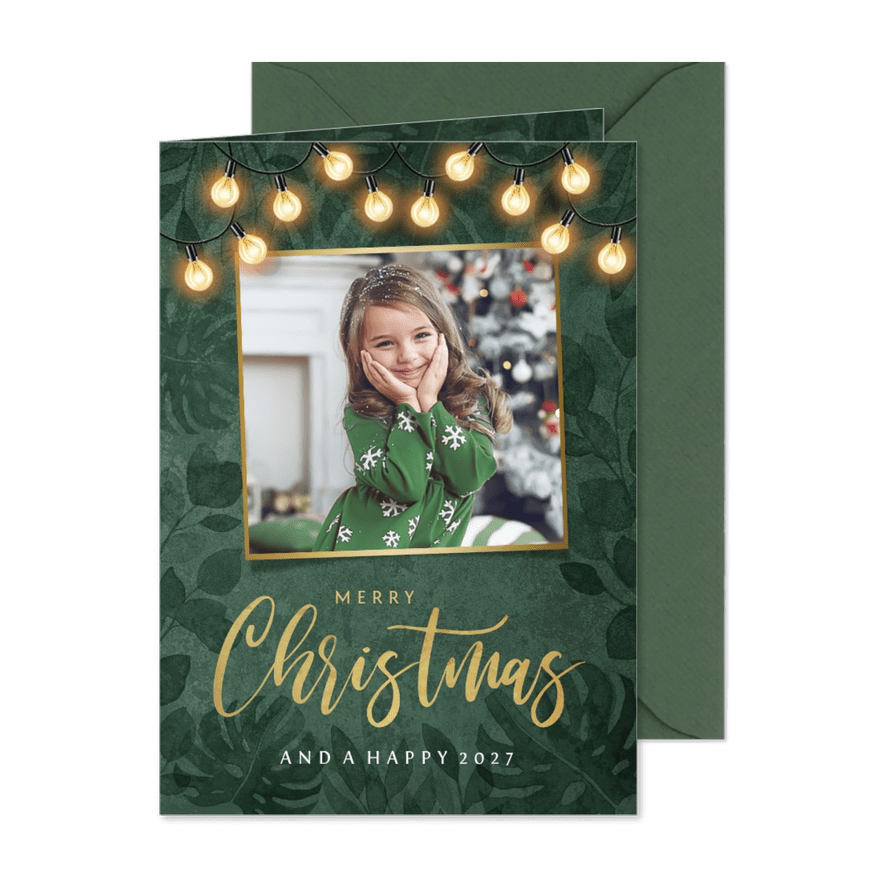 Weihnachtskarte botanisch Foto & Lichterkette - Kartenvorschau
