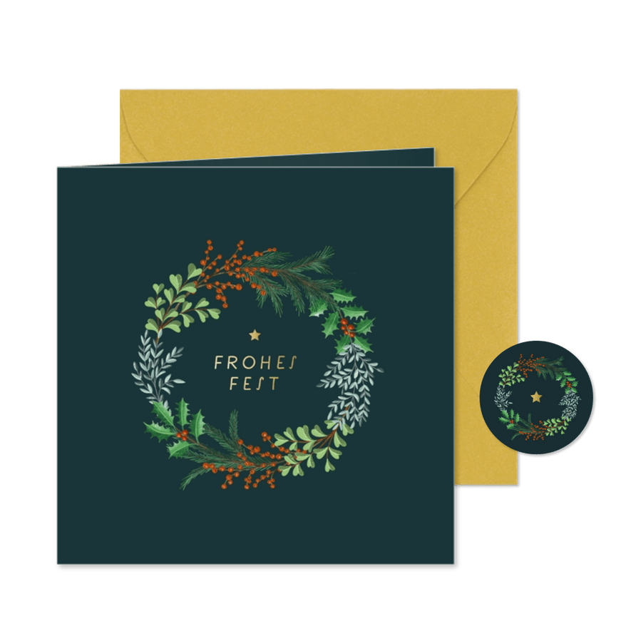 Weihnachtskarte botanischer Weihnachtskranz - Karteneindruck