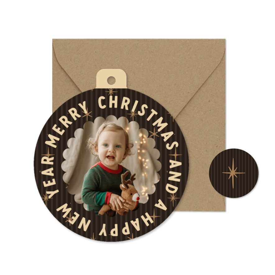 Weihnachtskarte braun gestreift Foto in Weihnachtskugel - Karteneindruck