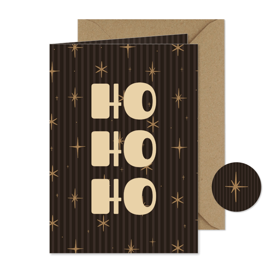 Weihnachtskarte braun-gestreift Ho Ho Ho strahlende Sterne - Kartenvorschau
