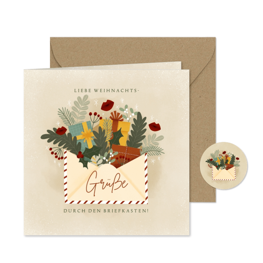 Weihnachtskarte Briefumschlag mit Blumen und Geschenken - Karteneindruck