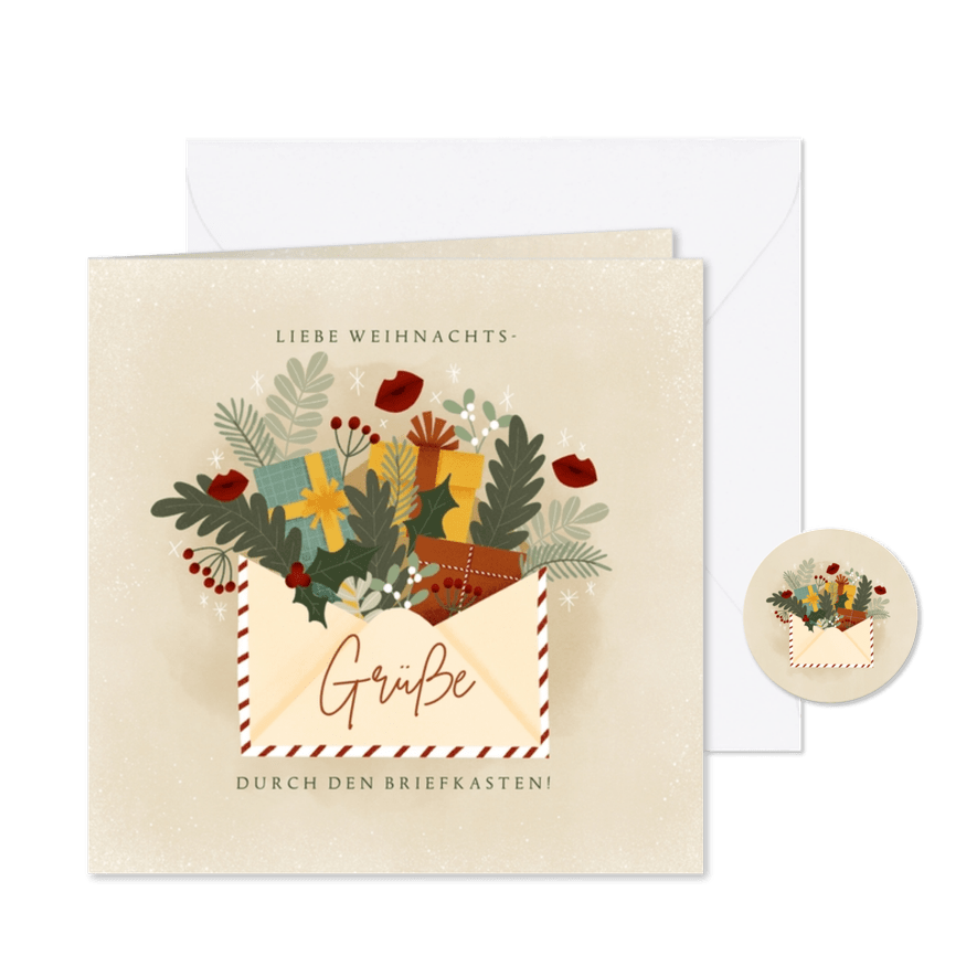 Weihnachtskarte Briefumschlag mit Blumen und Geschenken - Karteneindruck