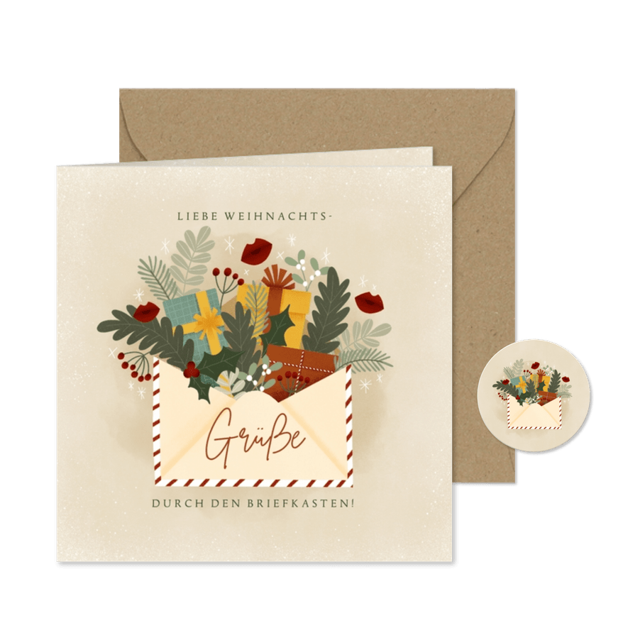Weihnachtskarte Briefumschlag mit Blumen und Geschenken - Karteneindruck