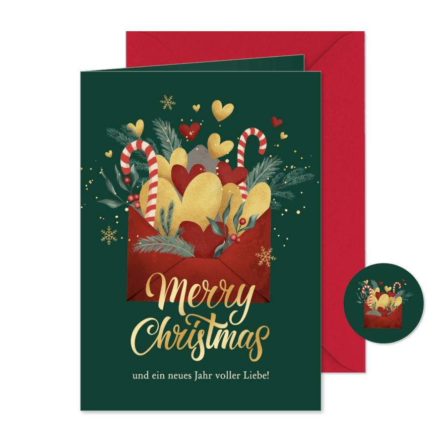 Weihnachtskarte Briefumschlag mit Herzen SOS Kinderdörfer - Karteneindruck