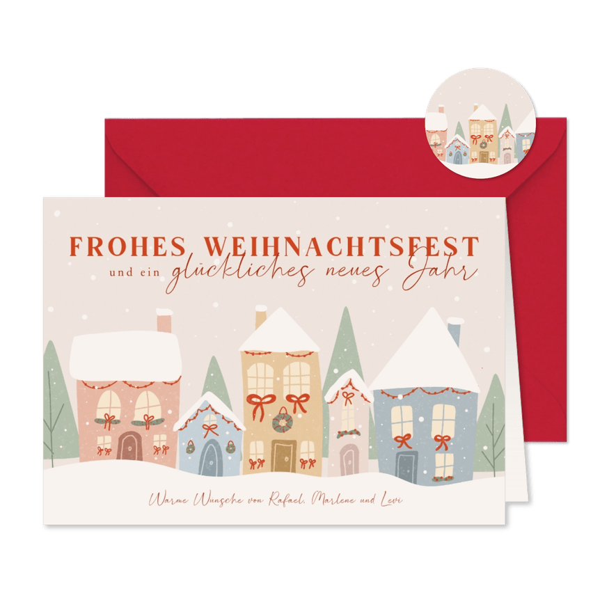 Weihnachtskarte bunte Häuserreihe im Schnee - Kartenvorschau