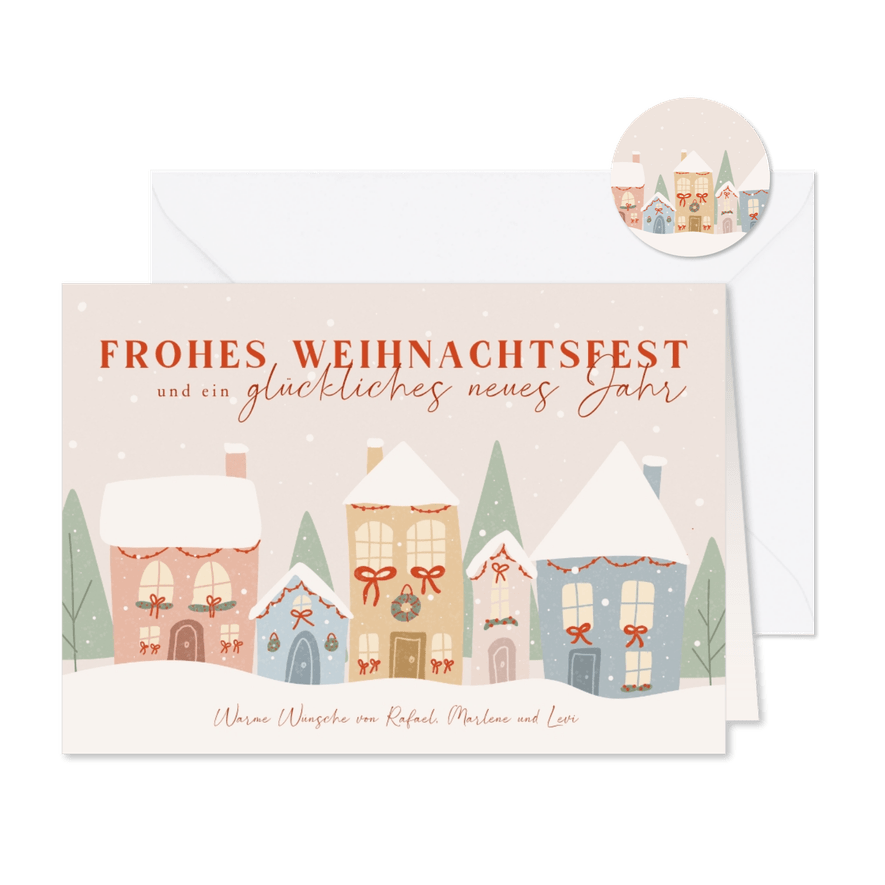 Weihnachtskarte bunte Häuserreihe im Schnee - Karteneindruck