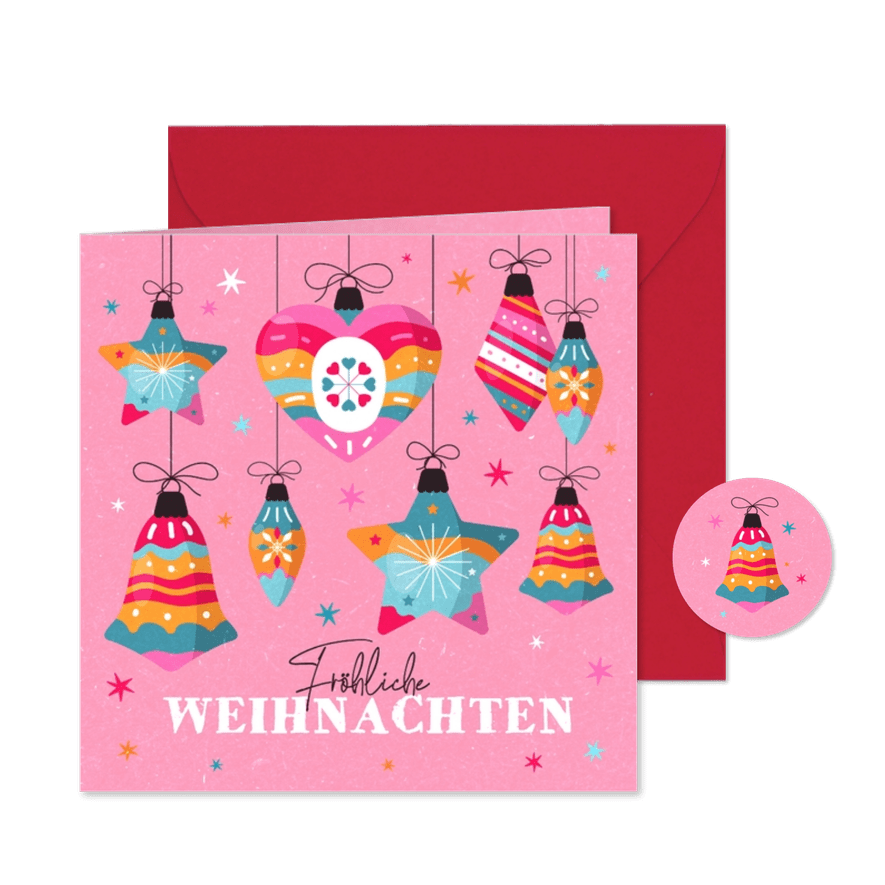 Weihnachtskarte bunte Kugeln auf Pink - Karteneindruck