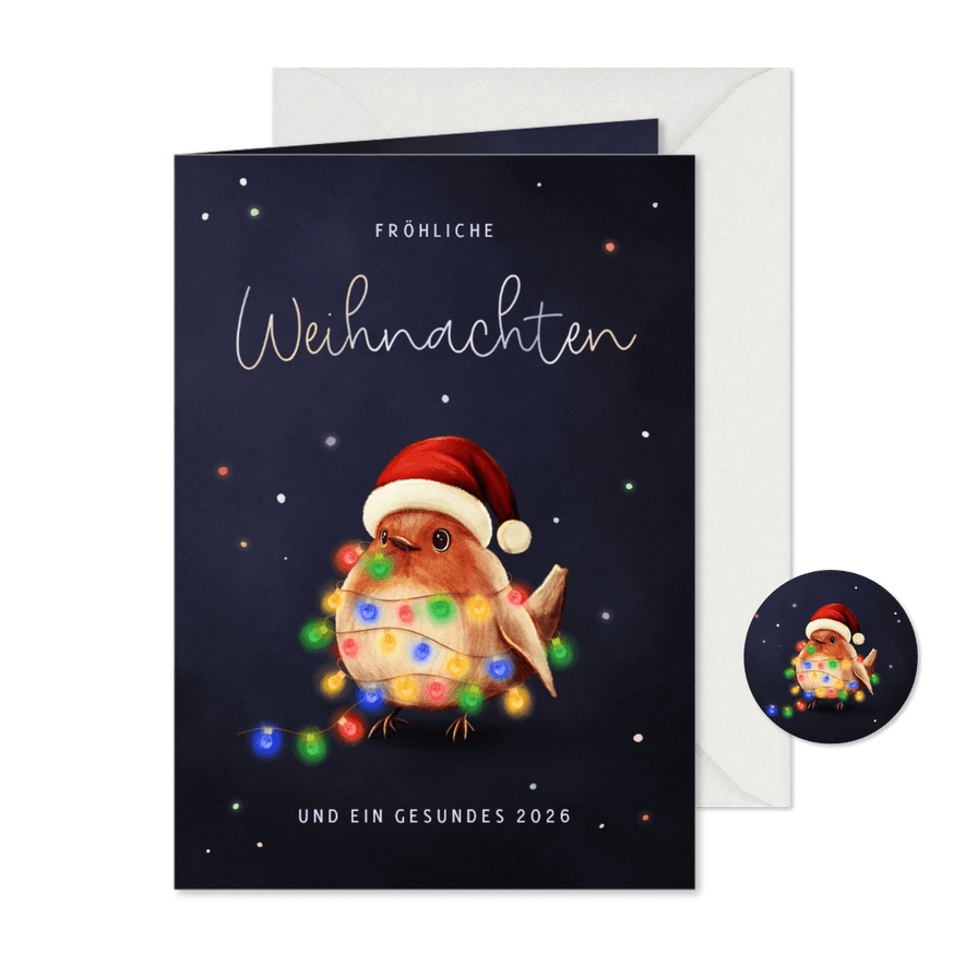 Weihnachtskarte bunte Lichterkette Rotkehlchen mit Mütze - Karteneindruck
