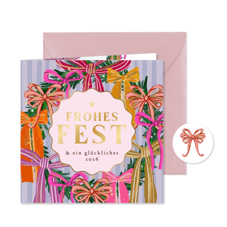 Weihnachtskarte bunter Kranz mit Schleifen - Karteneindruck