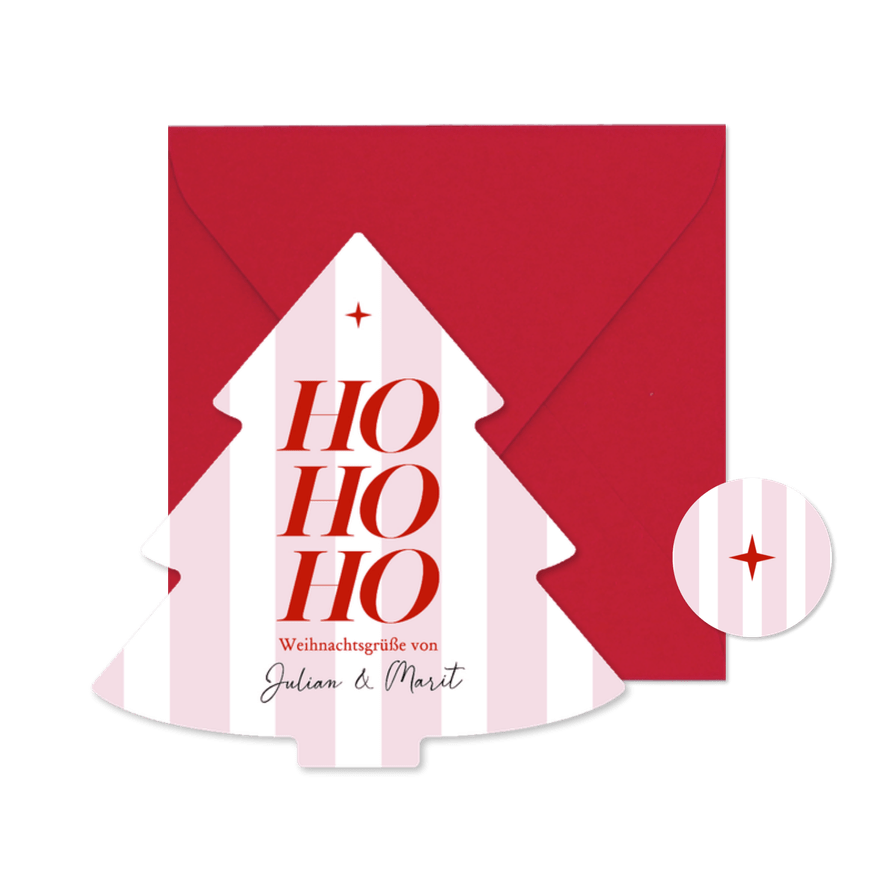 Weihnachtskarte Christbaum-Form gestreift 'Ho Ho Ho' - Kartenvorschau