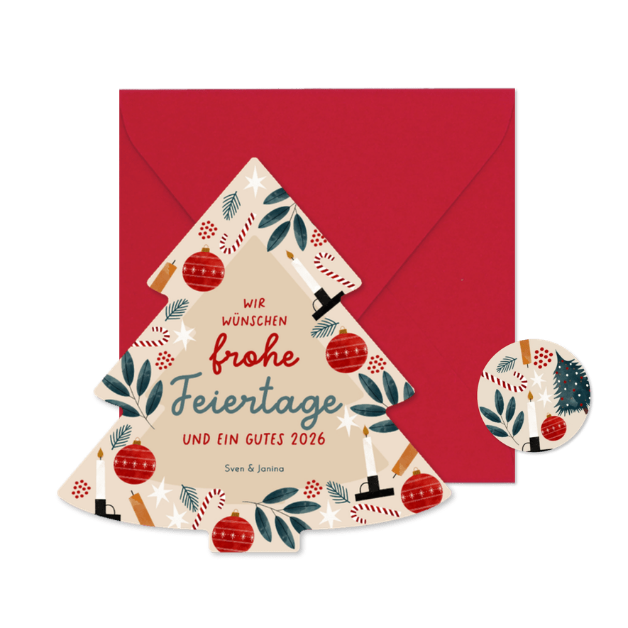 Weihnachtskarte Christbaum-Form mit Kerzen und Kugeln - Karteneindruck