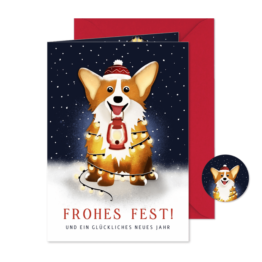 Weihnachtskarte Corgi mit Laterne - Karteneindruck