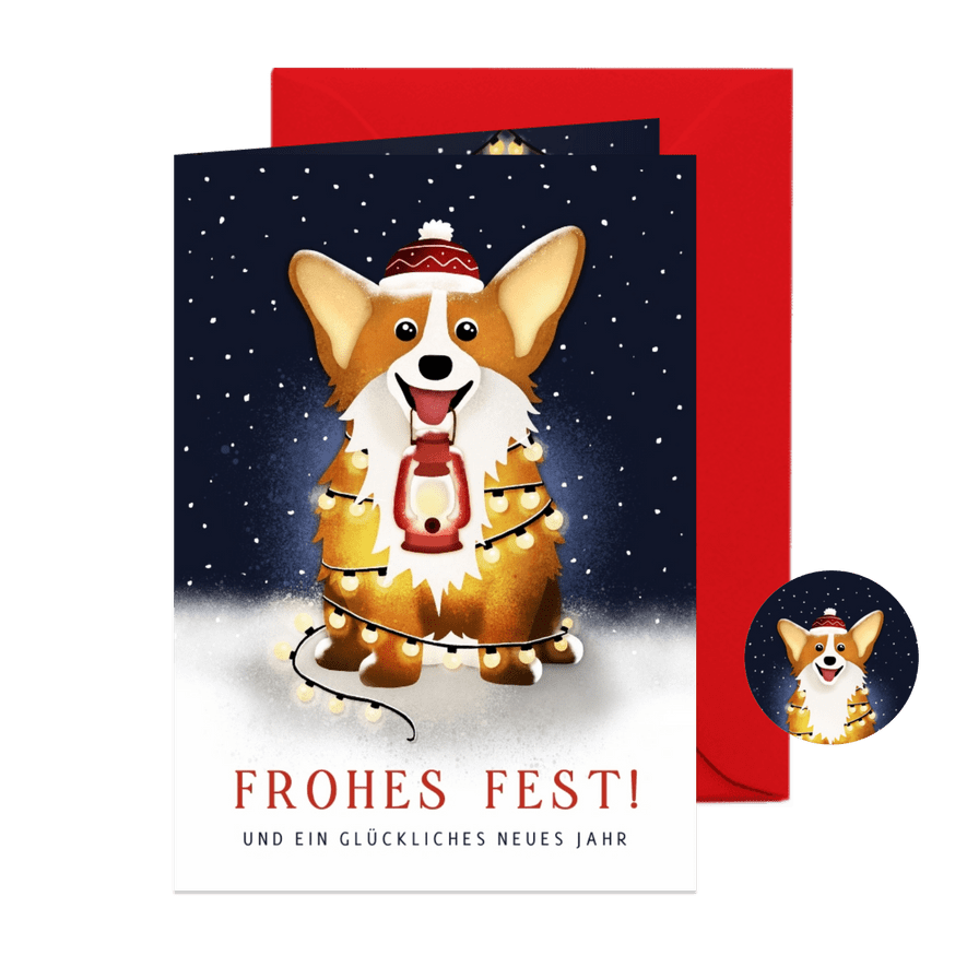 Weihnachtskarte Corgi mit Laterne - Karteneindruck
