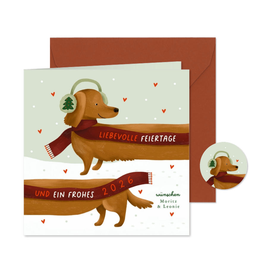Weihnachtskarte Dackel im Schnee - Karteneindruck