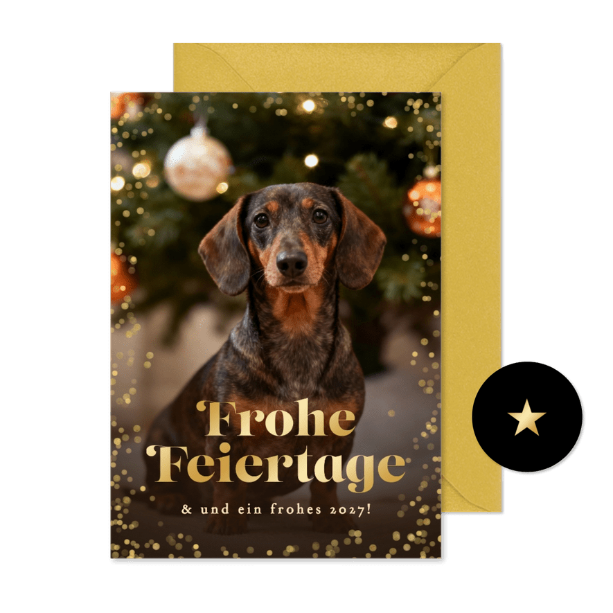 Weihnachtskarte Dackelfoto Goldrand 'Frohe Feiertage' - Kartenvorschau