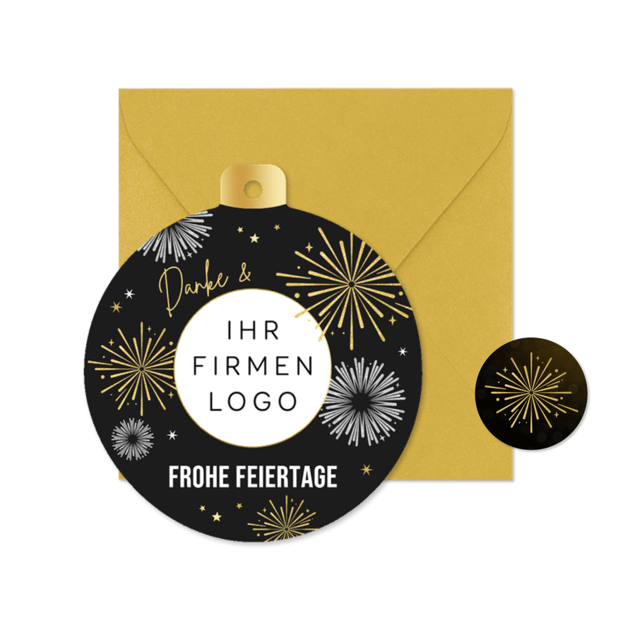 Weihnachtskarte Danke Weihnachtskugel mit Logo und Feuerwerk - Kartenvorschau
