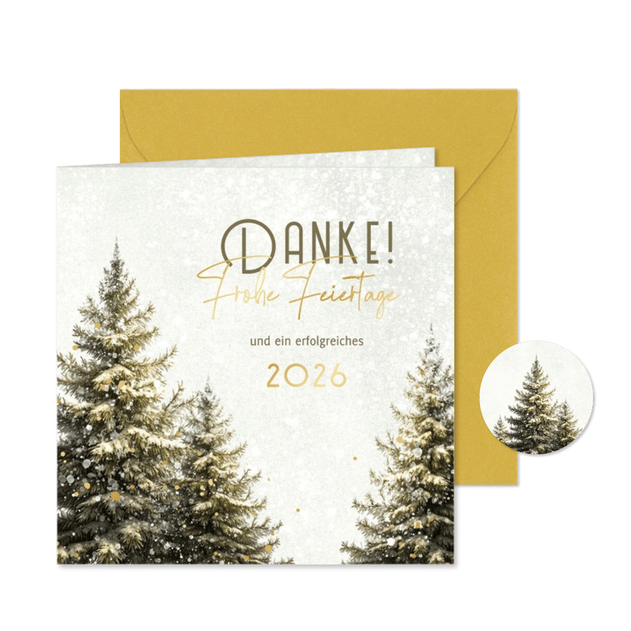 Weihnachtskarte 'Danke' Winterwald Tannenbäume im Schnee - Karteneindruck
