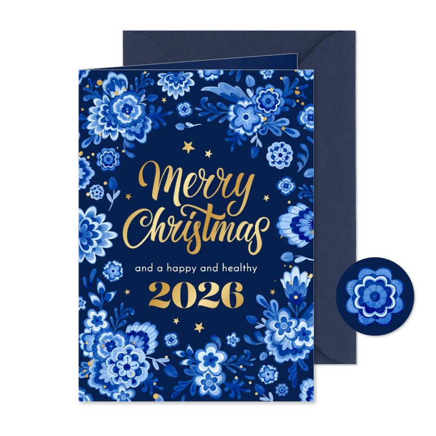 Weihnachtskarte Delfter Blau geschäftlich 2026 Blumen - Karteneindruck