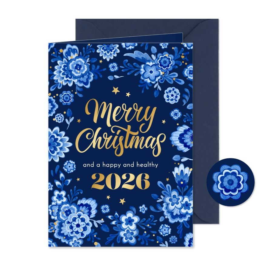 Weihnachtskarte Delfter Blau geschäftlich 2027 Blumen - Kartenvorschau