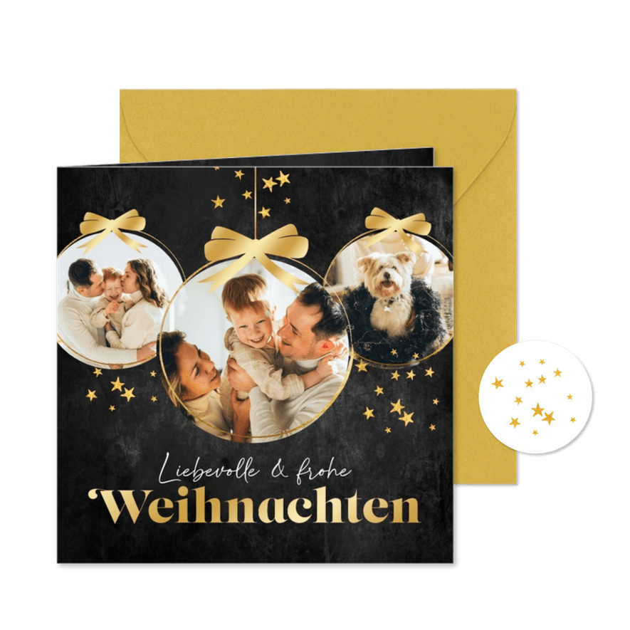 Weihnachtskarte drei Fotos in Weihnachtskugeln - Karteneindruck