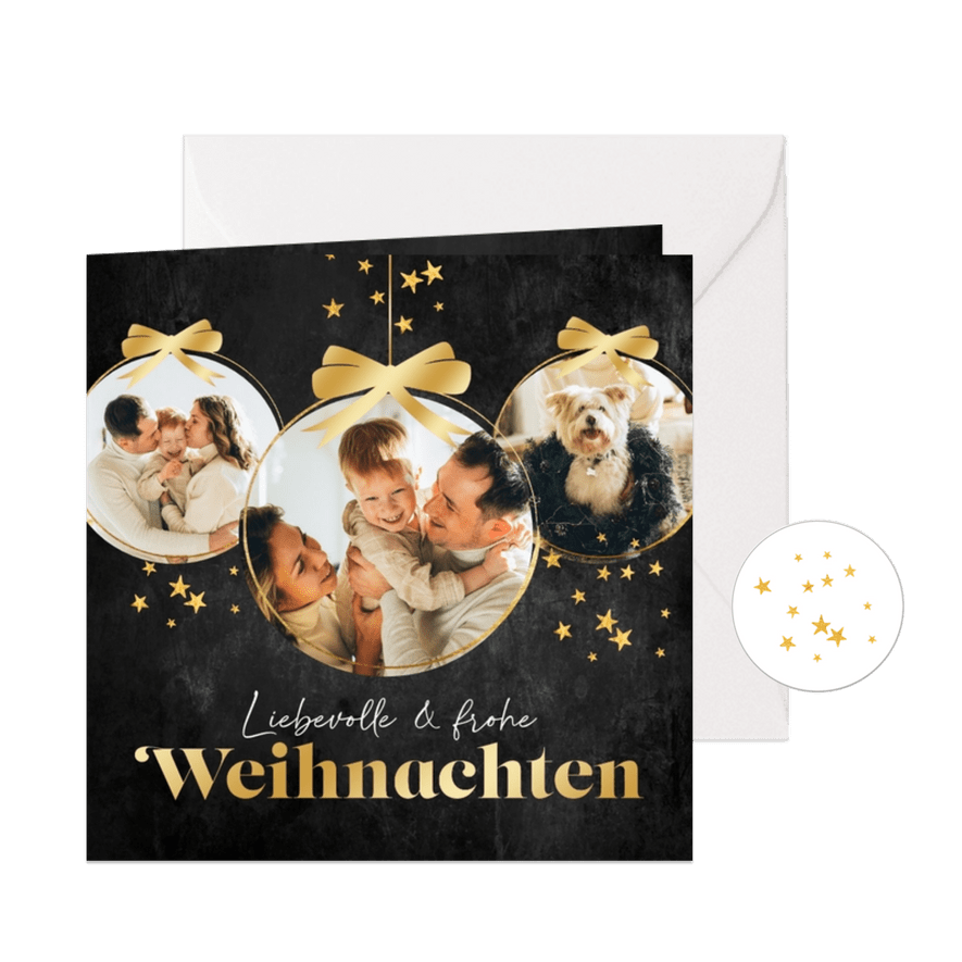 Weihnachtskarte drei Fotos in Weihnachtskugeln - Karteneindruck
