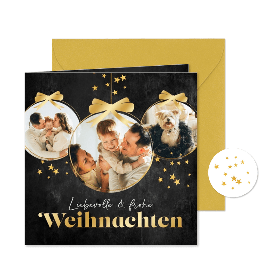 Weihnachtskarte drei Fotos in Weihnachtskugeln - Karteneindruck
