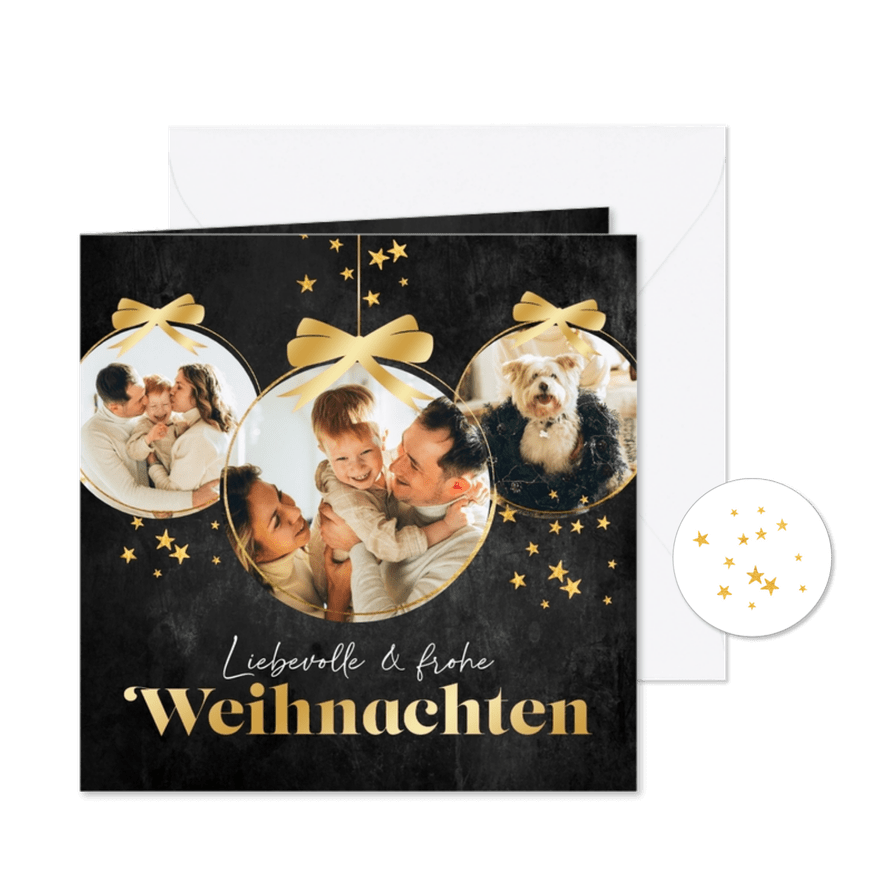 Weihnachtskarte drei Fotos in Weihnachtskugeln - Karteneindruck
