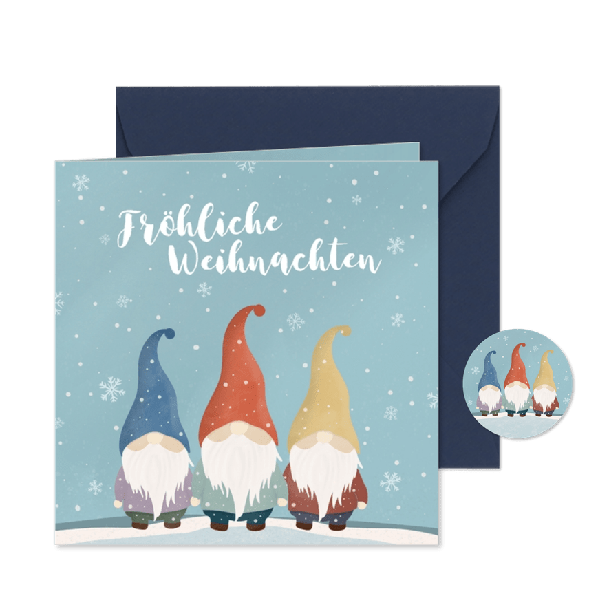 Weihnachtskarte drei lustige Wichtel im Schnee - Karteneindruck

