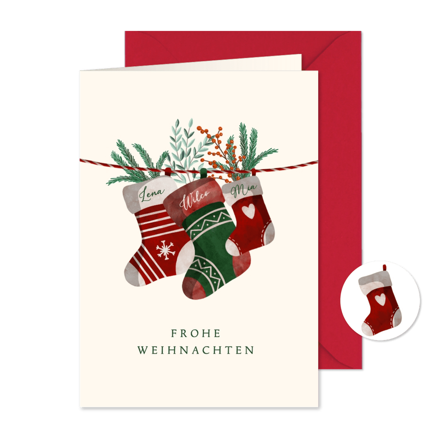 Weihnachtskarte drei Weihnachtssocken mit Namen - Kartenvorschau