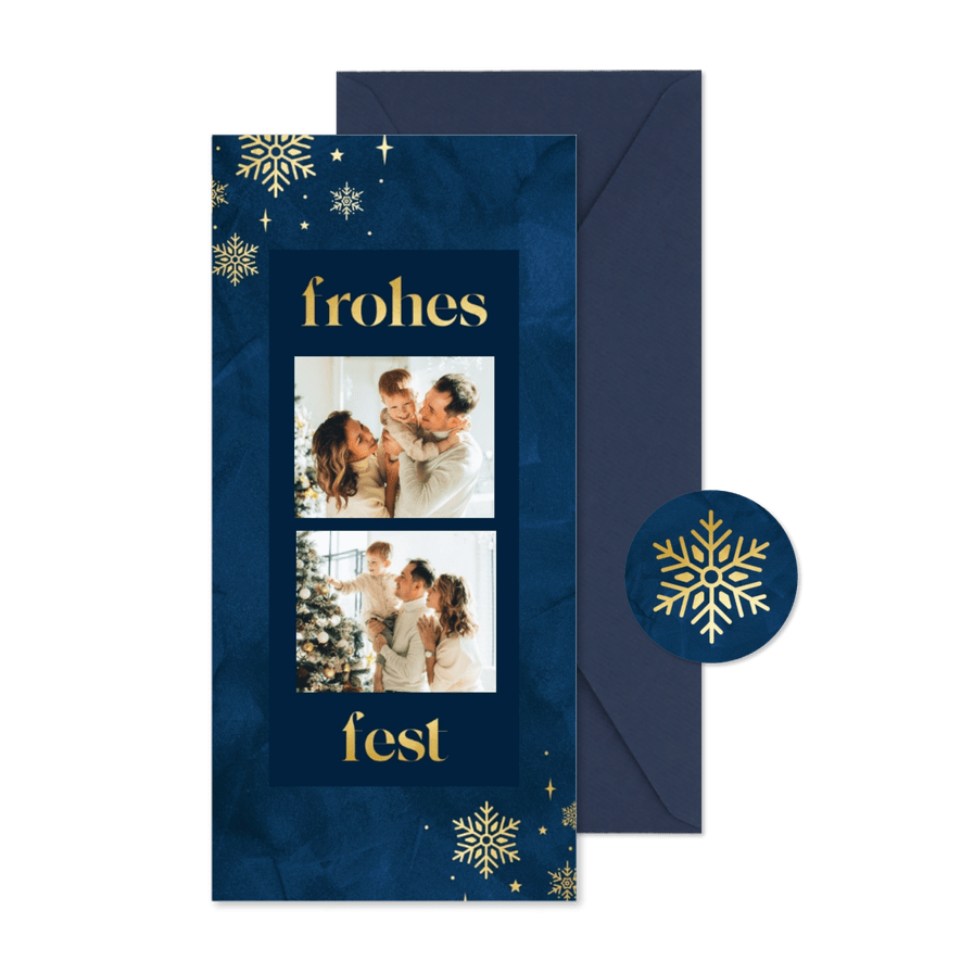 Weihnachtskarte dunkelblau zwei Fotos & Schneekristalle - Karteneindruck