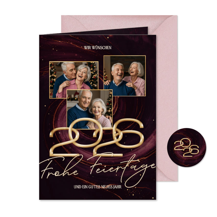 Weihnachtskarte dunkelrot Marmoroptik Fotocollage 2026 - Karteneindruck