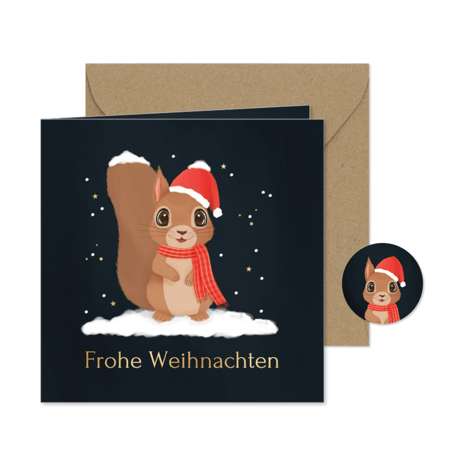 Weihnachtskarte Eichhörnchen mit Mütze im Schnee - Karteneindruck

