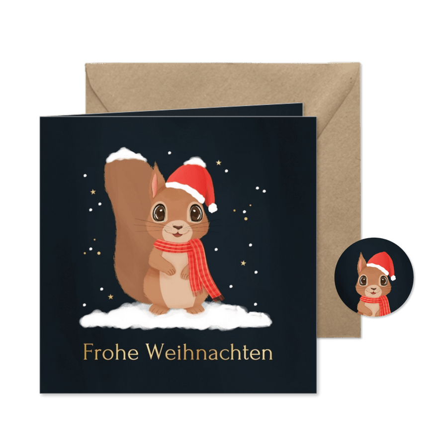 Weihnachtskarte Eichhörnchen mit Mütze im Schnee - Karteneindruck
