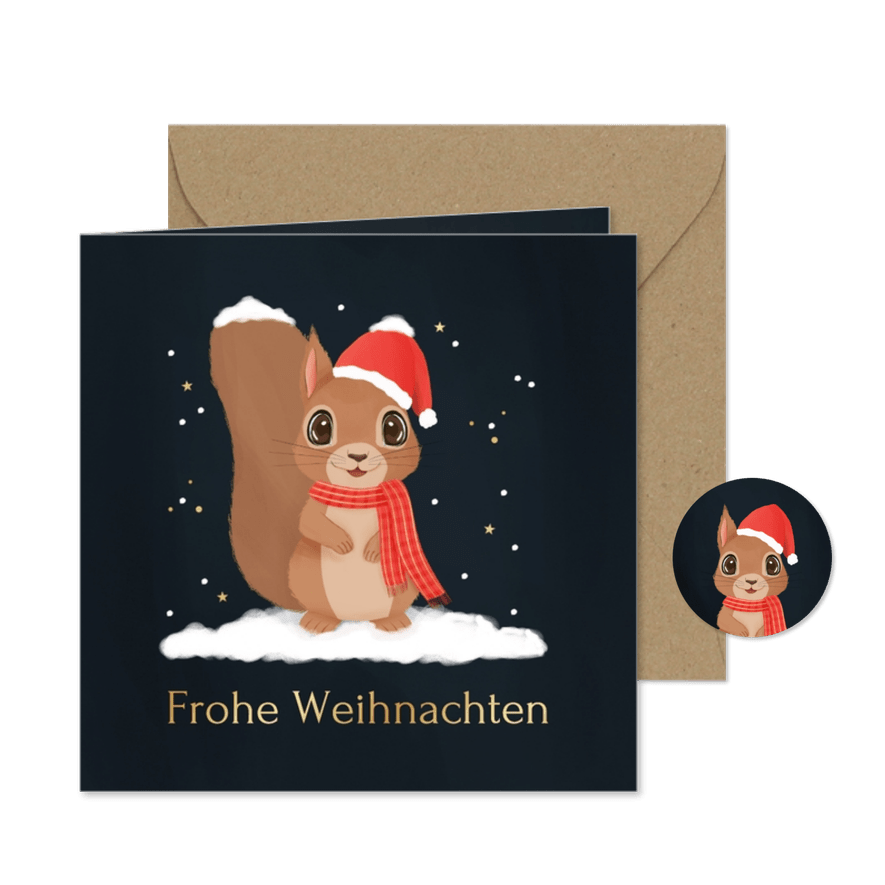 Weihnachtskarte Eichhörnchen mit Mütze im Schnee - Karteneindruck