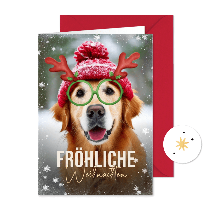 Weihnachtskarte eigenes Haustier Hund mit Weihnachtsbrille - Karteneindruck