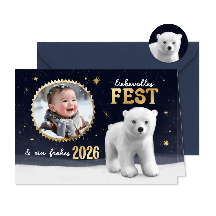 Weihnachtskarte Eisbär im Schnee Foto Sterne Nachthimmel - Karteneindruck