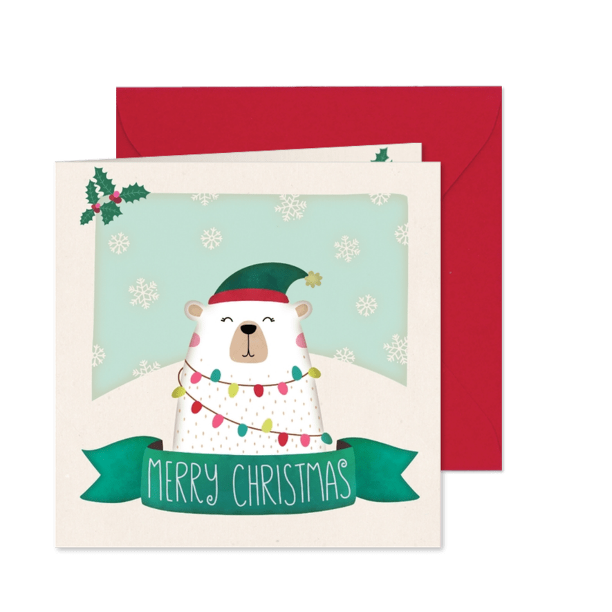 Weihnachtskarte Eisbär mit Lichterkette - Karteneindruck