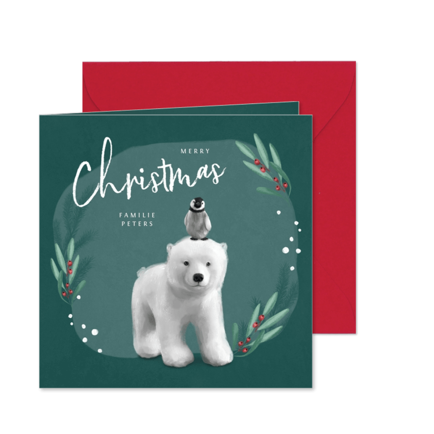 Weihnachtskarte Eisbär mit Pinguin auf dem Kopf - Karteneindruck
