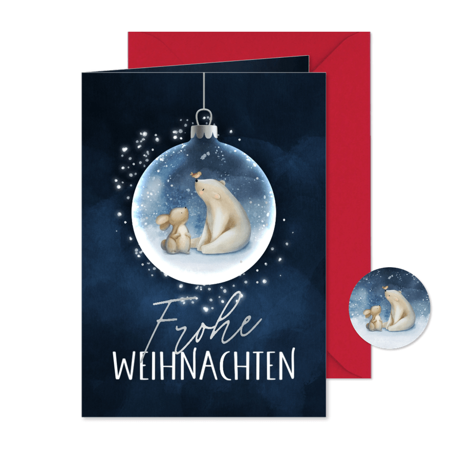 Weihnachtskarte Eisbär & Hase Weihnachtskugel - Karteneindruck