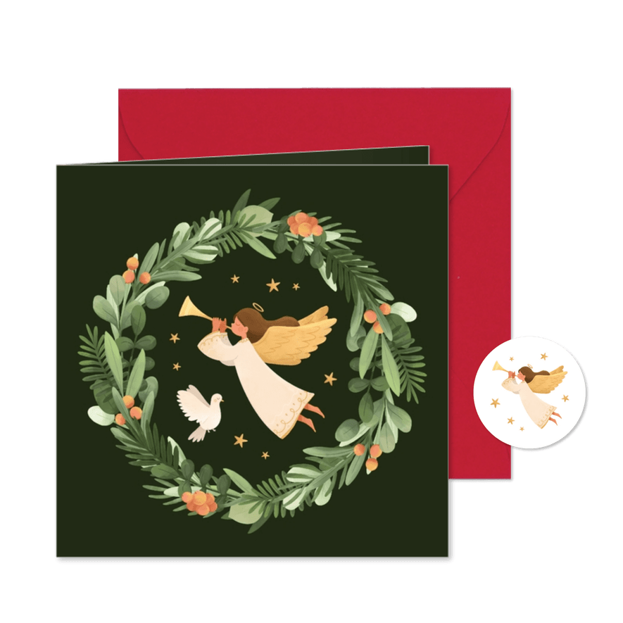 Weihnachtskarte Engel in Blätterkranz - Karteneindruck